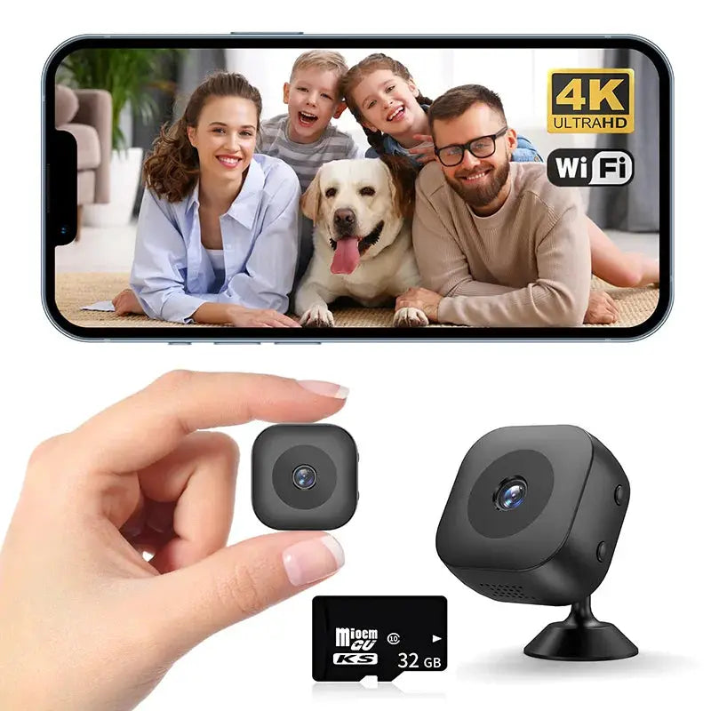 Smart 4K mini camera system with WiFi and night vision; includes small square cam, larger cube cam, mount, 32GB microSD.