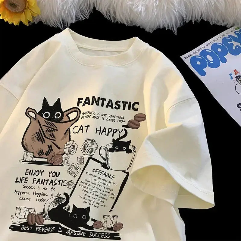 UrbanChic Oversize Cat Group Print Tee Korean Version Breathable Polyester Pullover For Men Women Short Sleeve Casual