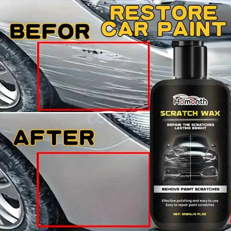 Car scratch repair kit by Simples Market; black scratch wax bottle beside before and after car panels