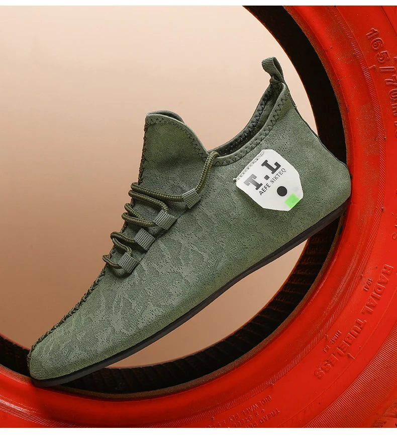 YRZL mesh loafers by Simples Market, olive-green breathable driving moccasin-style loafers with non-slip sole.
