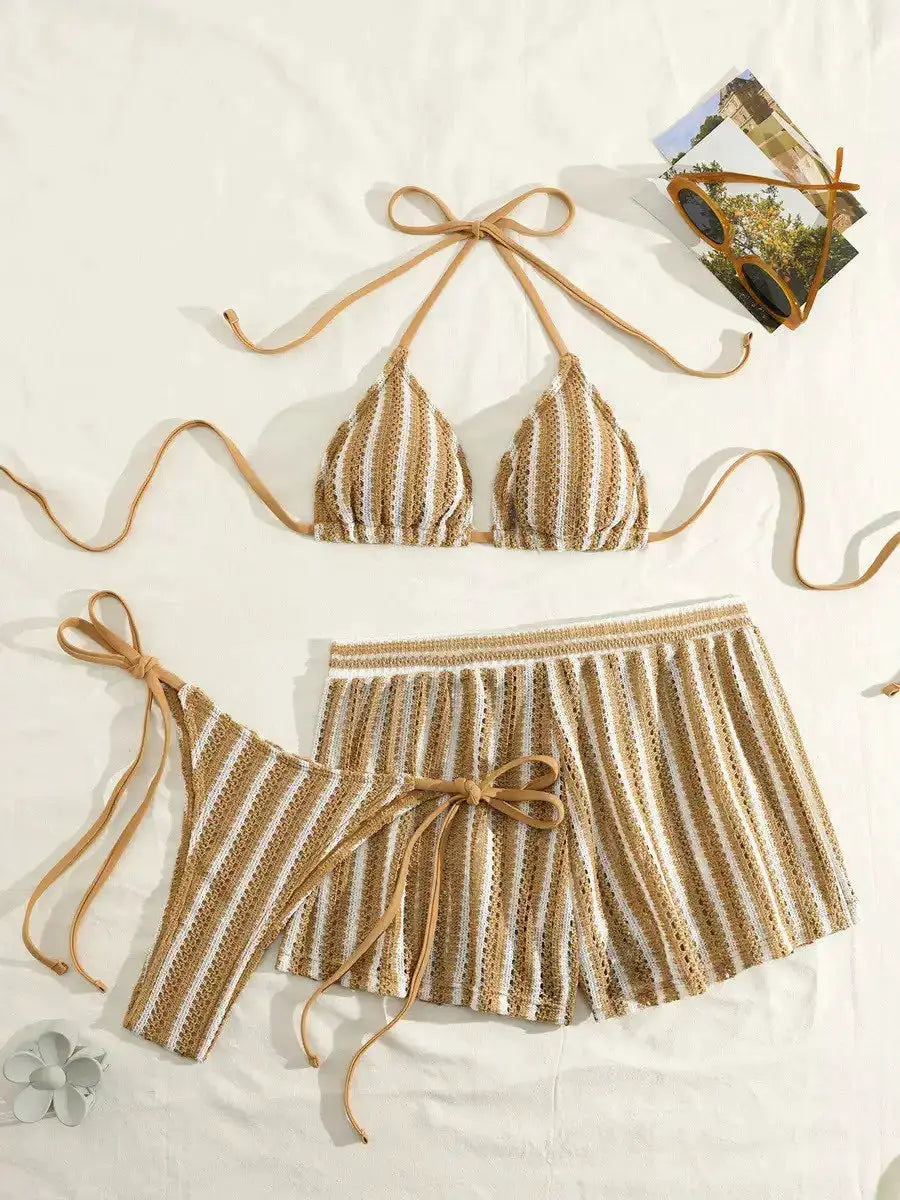 Simples Market three-piece striped beige and white knit bikini set with lace-up neck ties and wrap skirt