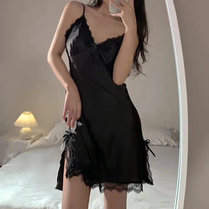 LaceAura Women Lace V Neck Sleepwear Nightdress With Suspender Straps Breathable Lightweight Polyester Comfort