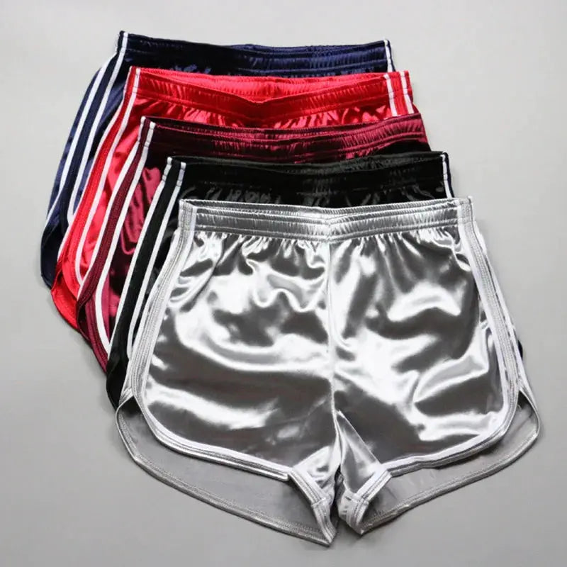 Women's satin shorts set; six pairs in silver/gray, black, burgundy, red, pink, and blue with white piping
