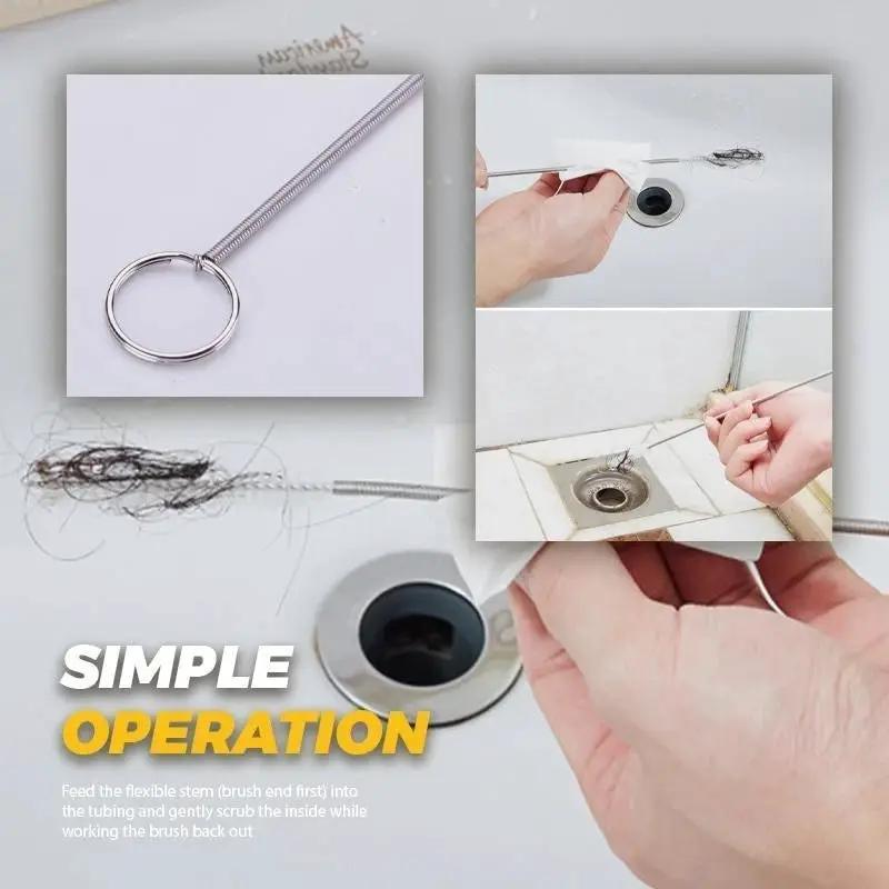 Long flexible stainless steel fridge drain dredge with ring handle for kitchen drain cleaning.