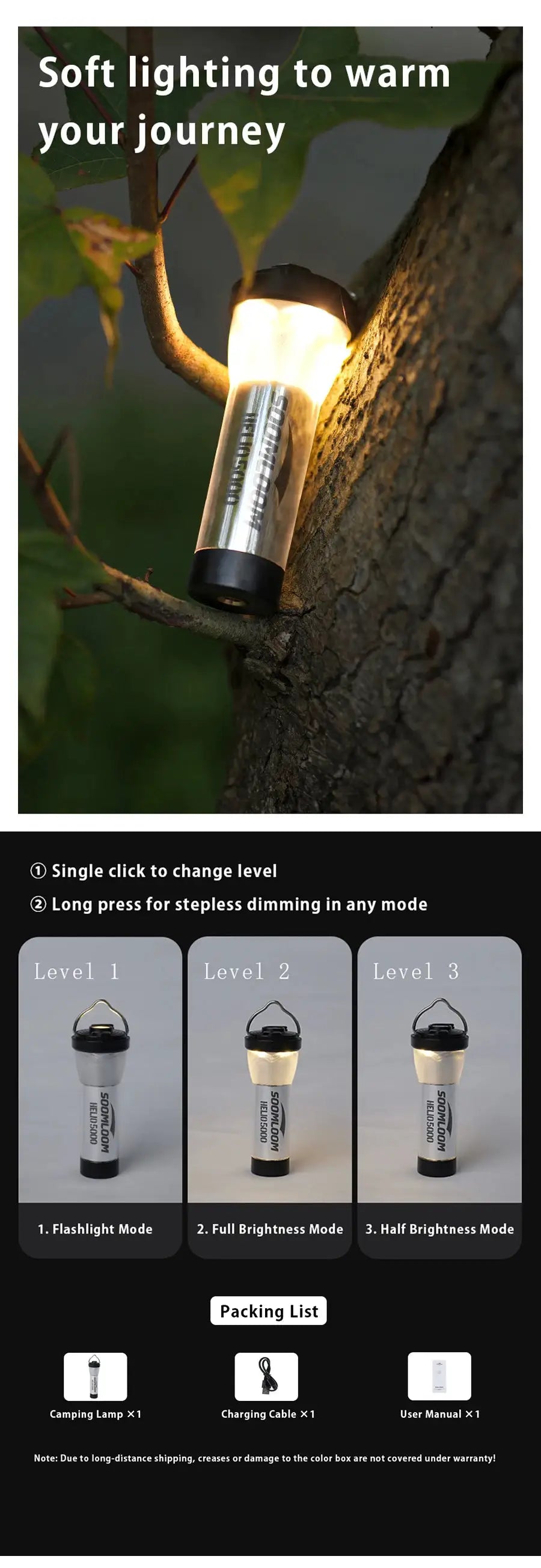 Soomloom Helio 5000 camping lantern with metallic silver body and black ends, attached to a tree and lit