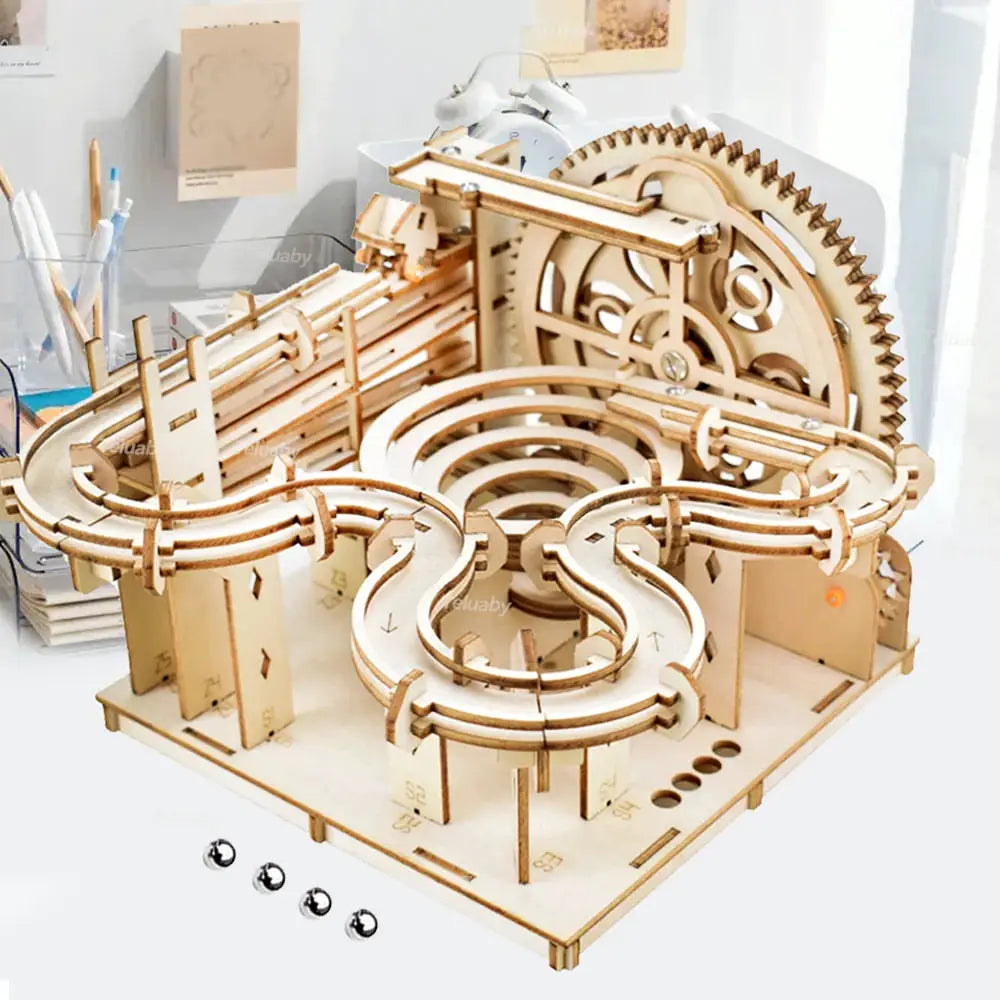 3D Wooden Puzzle Mechanical Model Building Kit Marble Run Set With 4 Balls For Adults And Kids Gift
