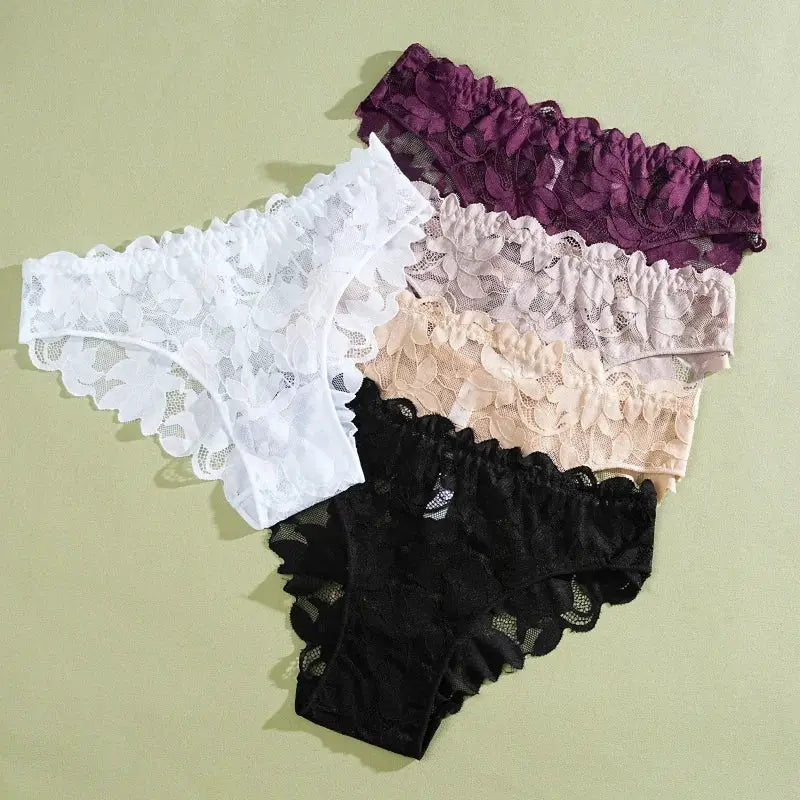 5-pack floral lace panties for women, low-rise breathable briefs in white, lavender, beige, plum, and black.