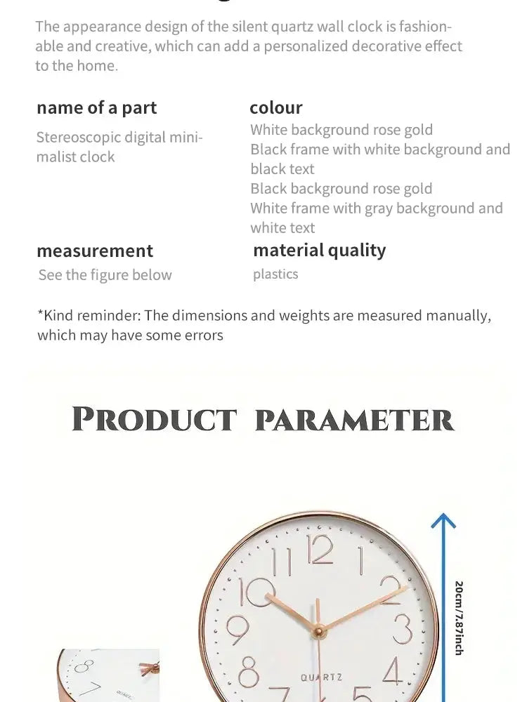 Simples Market 8-inch mute wall clock with white dial and rose-gold frame; quartz analog clock for home decor.