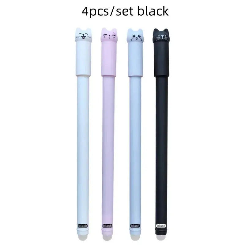 Simples Market 4-piece cat erasable gel pen set with pastel bodies in white, pink, blue and black; 0.5mm ink