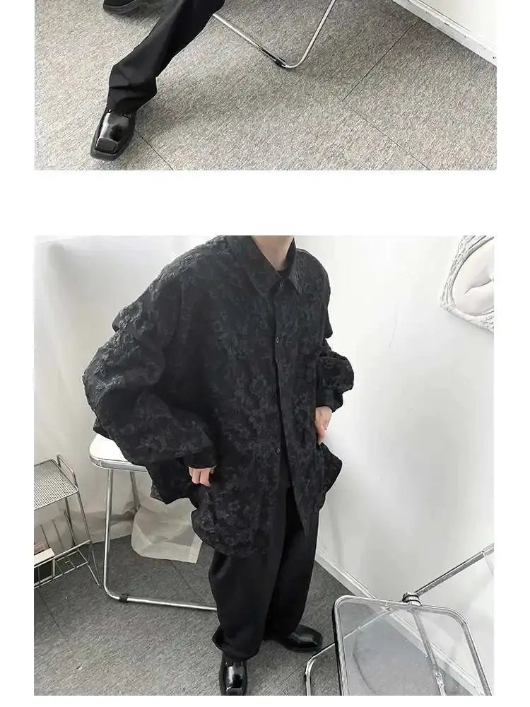 2XL black crumpled jacquard shirt with bat-wing sleeves, Simples Market casual top