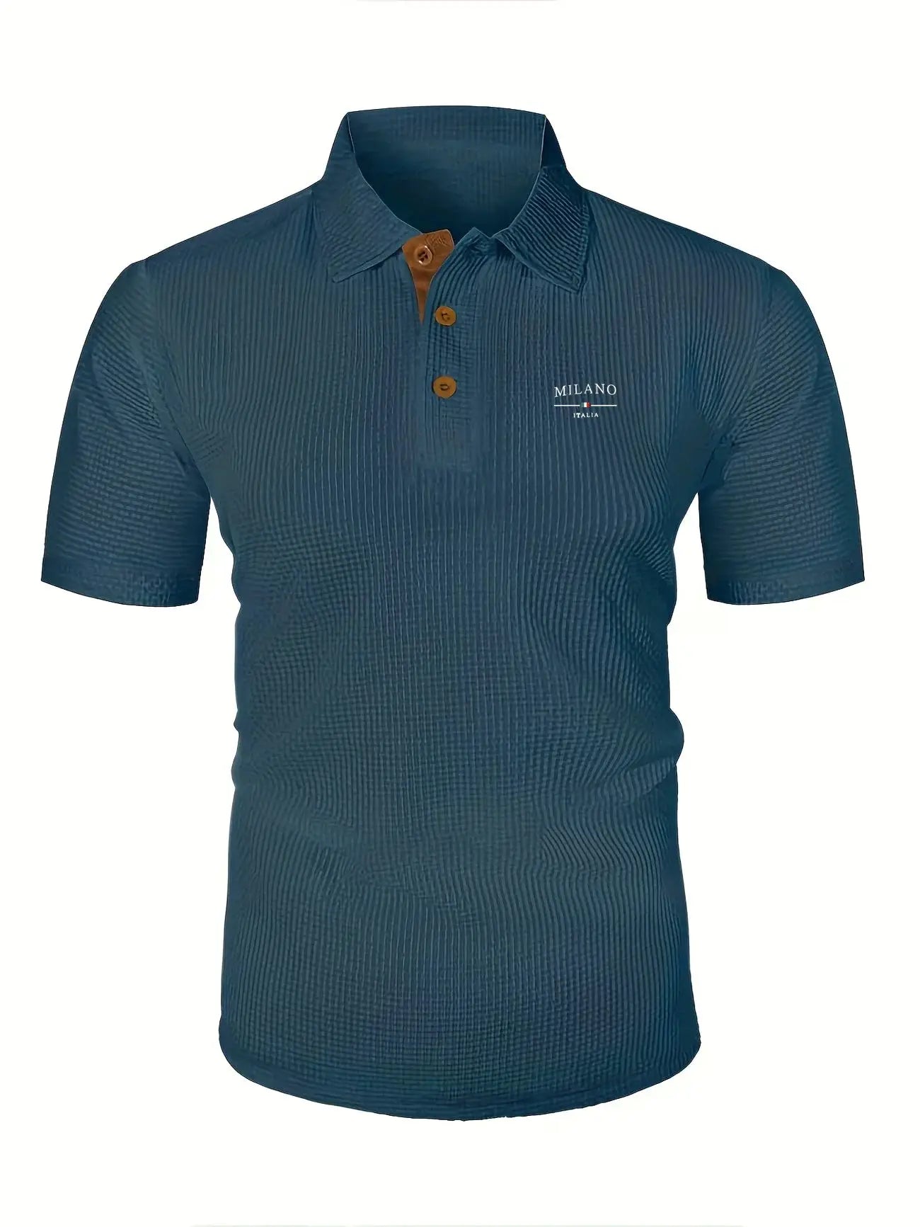 Men's short-sleeve polo shirt in teal with Milano Italia logo on chest.
