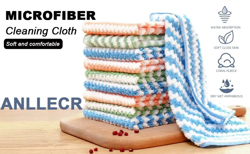 Simples Market microfiber cleaning cloths set; colorful striped, thick velvet-soft dish towels with high absorbency.