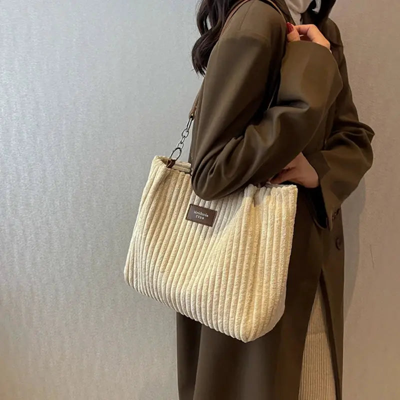 Women corduroy shoulder bag in cream with fixed shoulder strap, large-capacity handbag by Simples Market