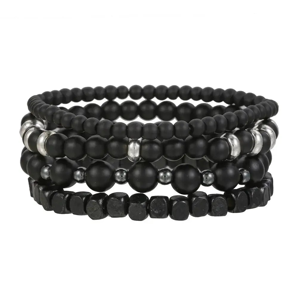 4 Piece Set Black Gall Stone Volcanic Stone And Wood Bead MultiLayer Elastic Bracelets For Men Couples Friends Jewelry