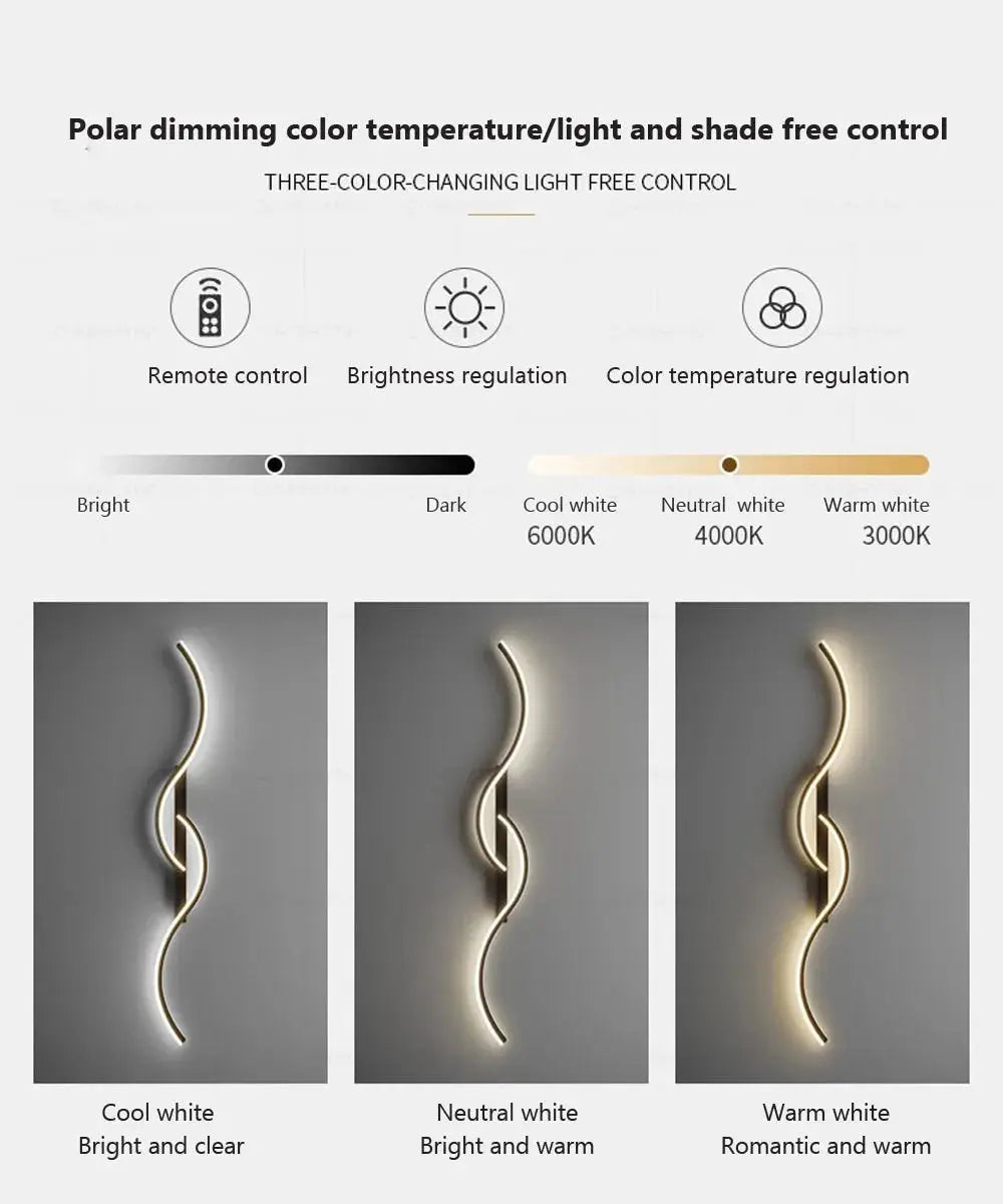 Modern LED wall lamp by Simples Market; curved long-strip sconce in cool/neutral/warm white with remote.