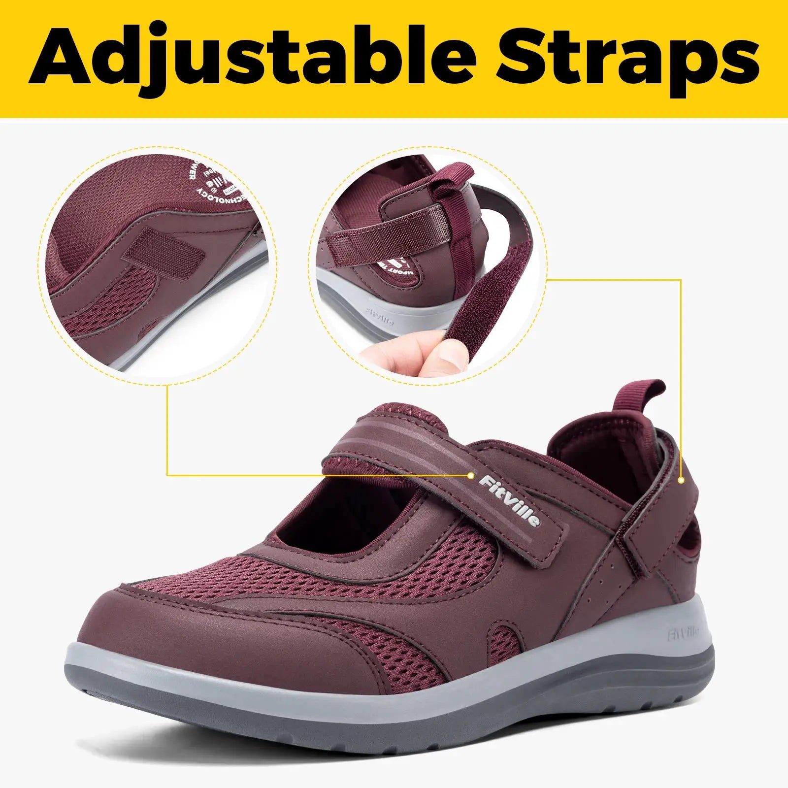 Fitville women's maroon Mary Jane sandals with adjustable straps and breathable mesh upper