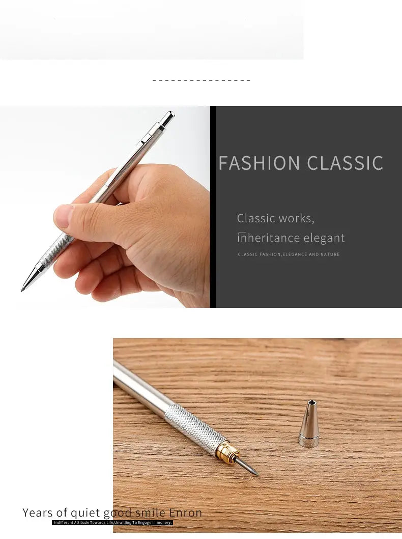 Simples Market mechanical pencil set, full-metal silver pencil with knurled grip and 0.3–2.0 mm leads.