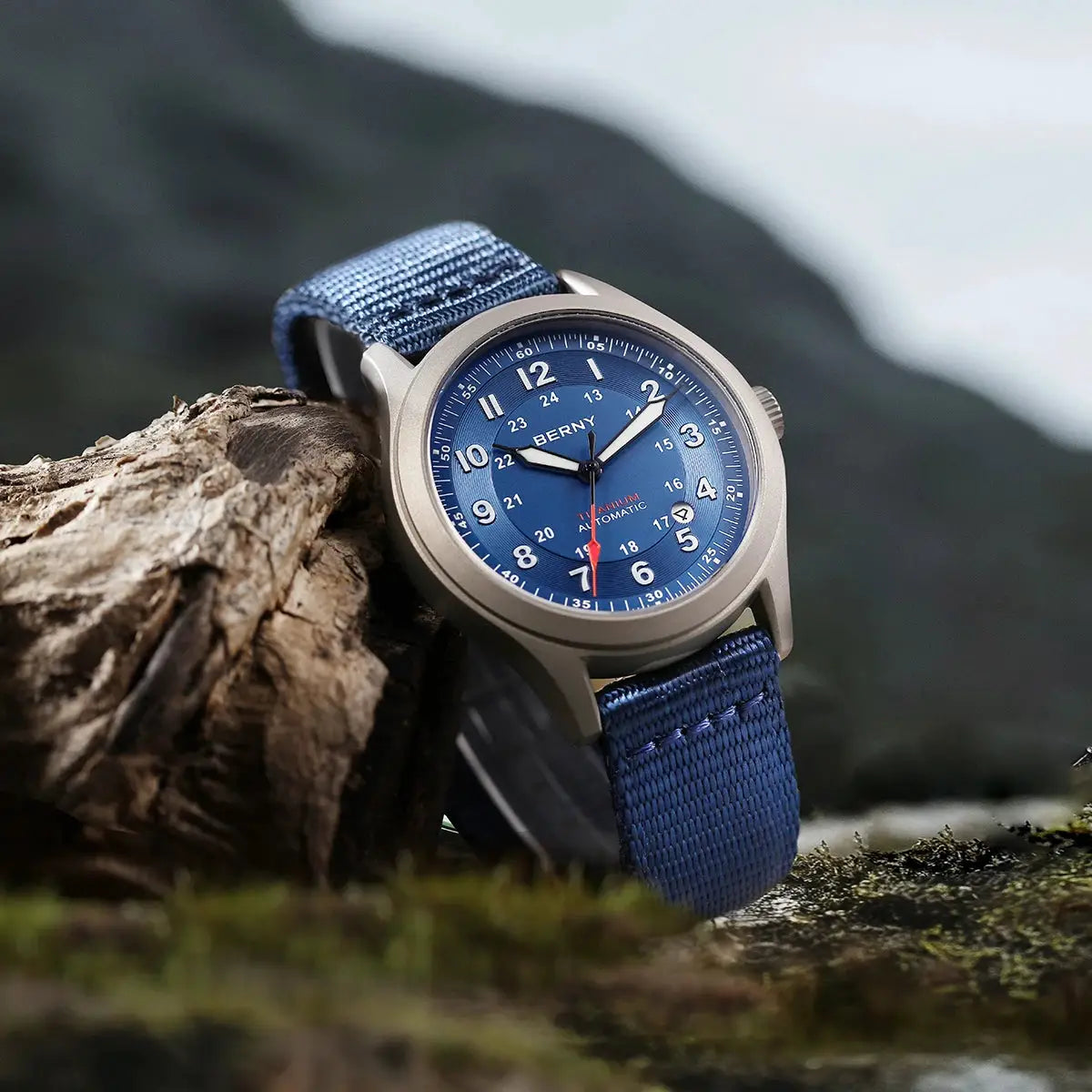 BERNY titanium automatic field watch for men with blue dial and blue fabric strap