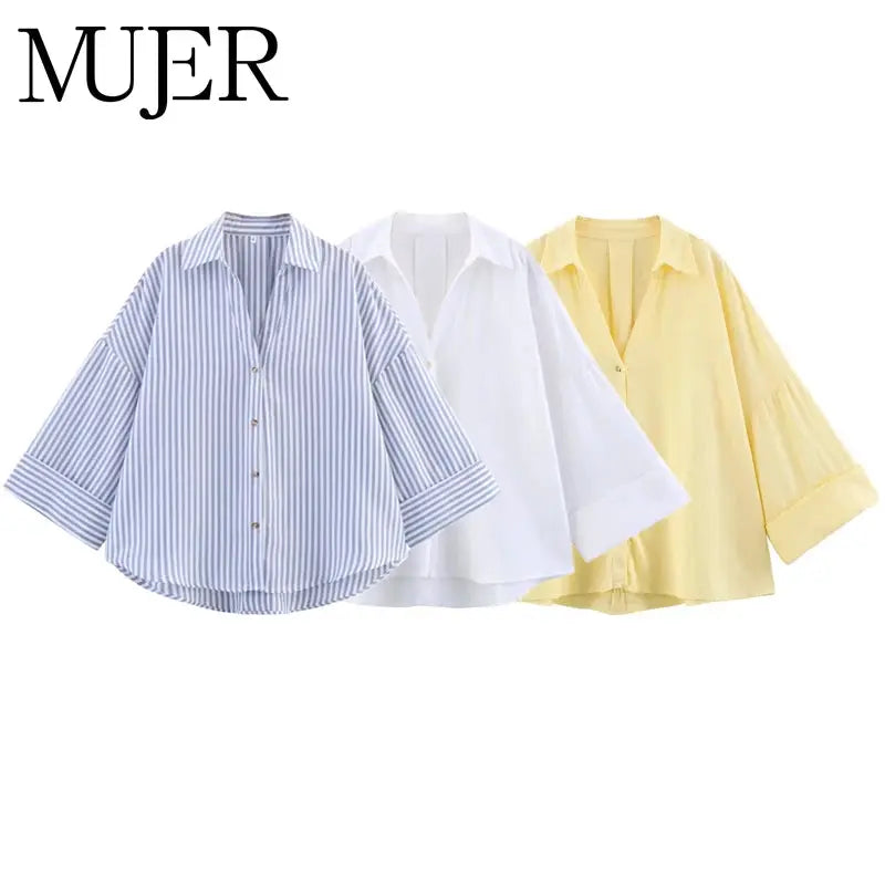 MUJER women's shirts: three tops in blue striped, white, and yellow loose casual styles with wide sleeves