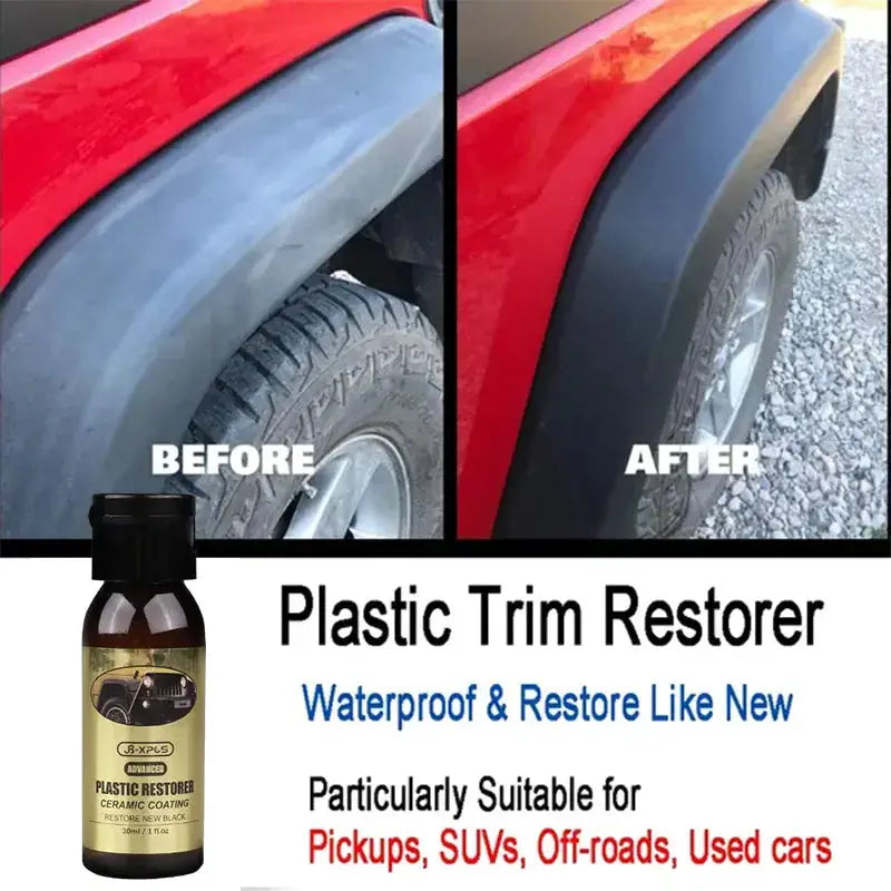 Car plastic trim restorer by Simples Market; restores black trim on red car, bottle pictured.