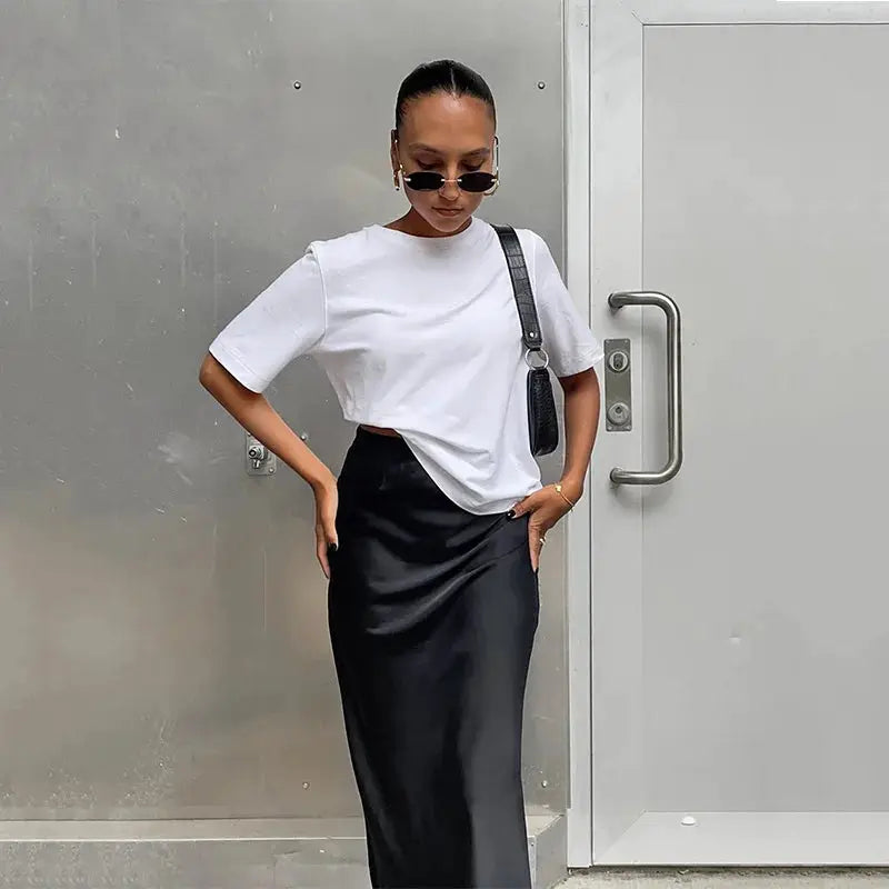 Satin black trumpet skirt, high-waist, long, office-ready