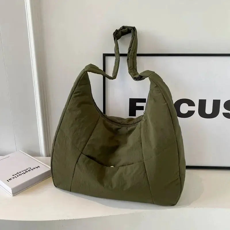 Olive-green soft-cloth shoulder bag, large crossbody tote for women
