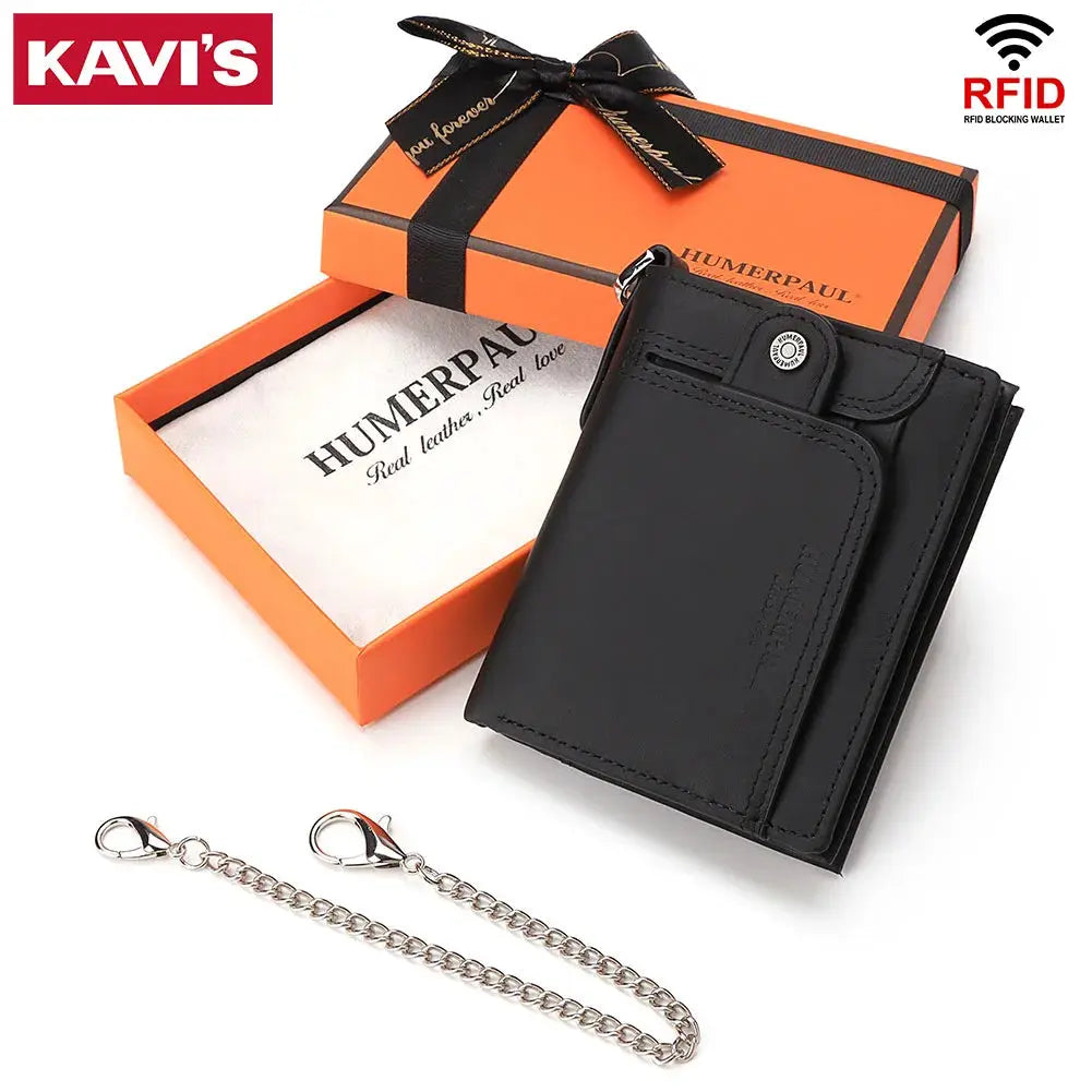 KAVIS real leather men's wallet with RFID blocking, black bifold with coin pocket and anti-theft chain