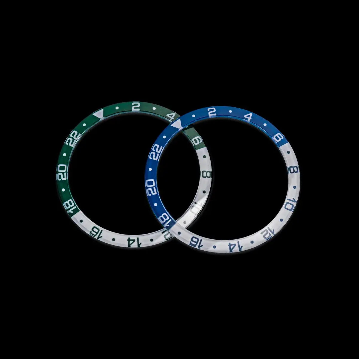 Watch bezels set (3) in green, blue and white; GMT-style diver bezel inserts.