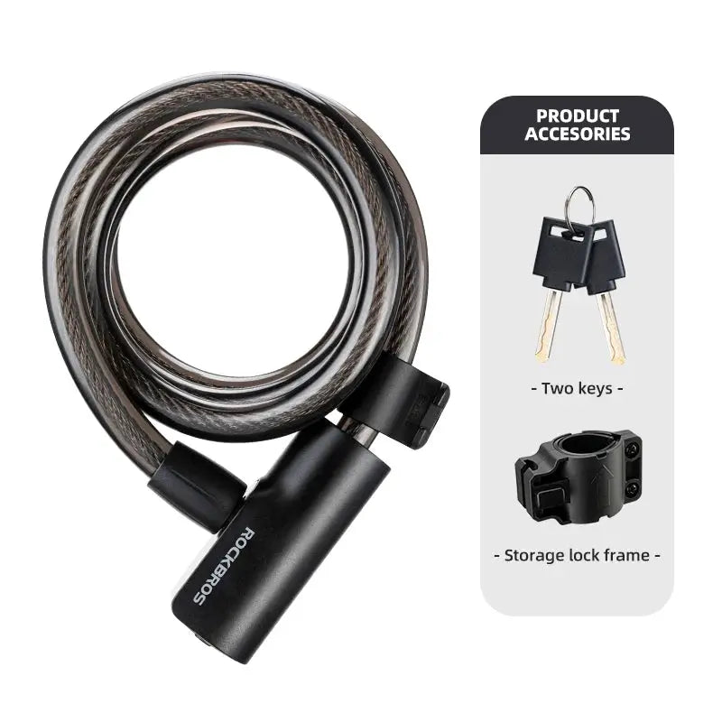 ROCKBROS bicycle lock with braided steel cable and black lock body; includes two keys and storage frame
