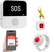 Wireless elder care SOS system by Simples Market with white wall unit, red call pendant on yellow lanyard, and wristband