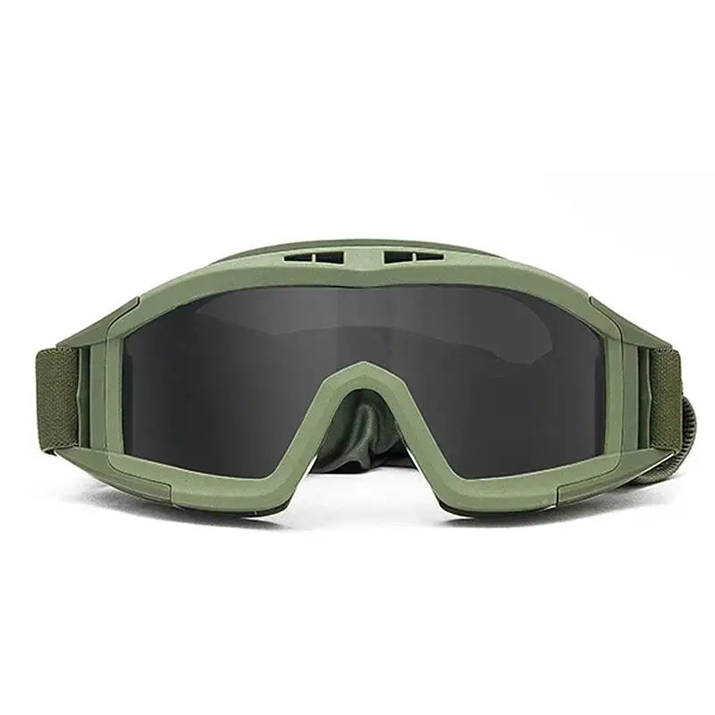Airsoft tactical goggles olive green frame with dark mirrored lens and adjustable strap