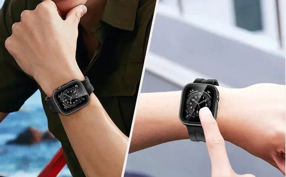 Simples Market Apple Watch bumper case with tempered glass screen protector in black for 40–46mm models, shown on two watches.