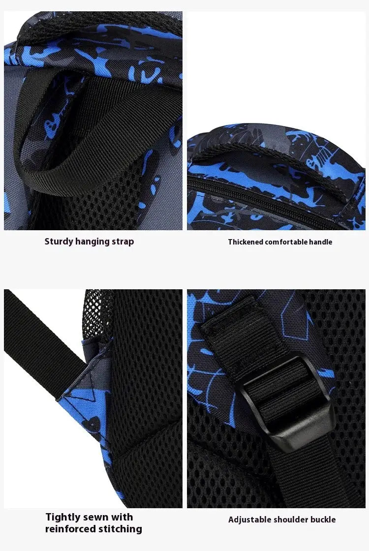 Backpack for boys, 3-piece set with lunch bag and pencil case; blue/black camo, padded mesh back