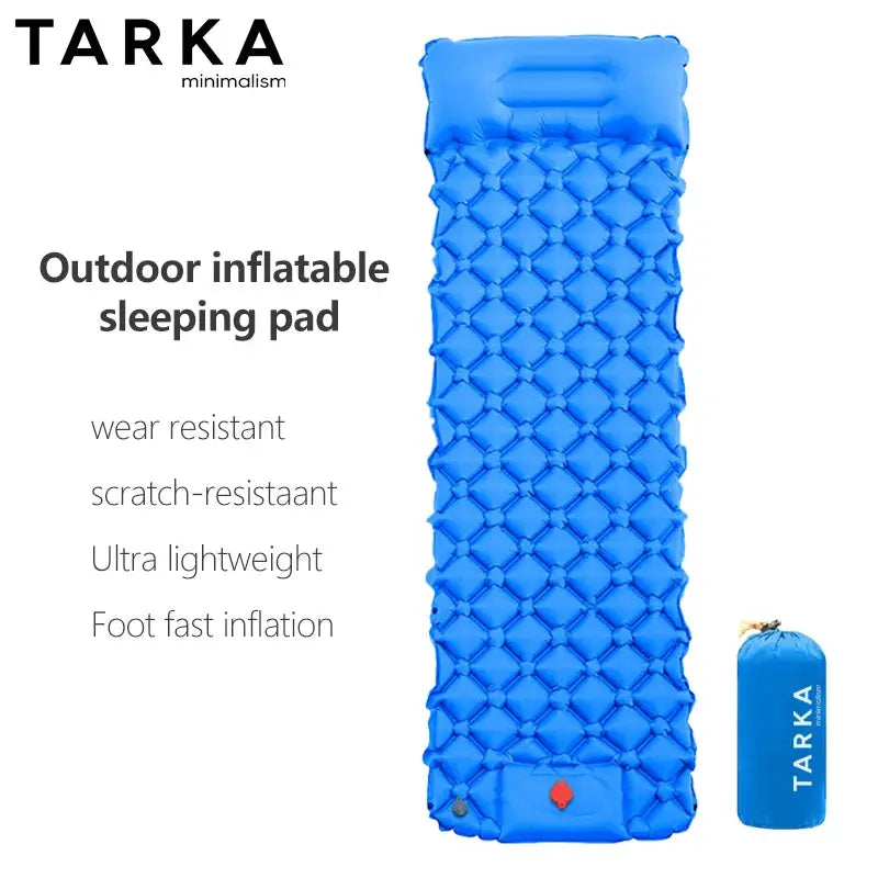 TARKA inflatable camping sleeping pad, blue ultralight self-inflating air mattress with roll-up bag