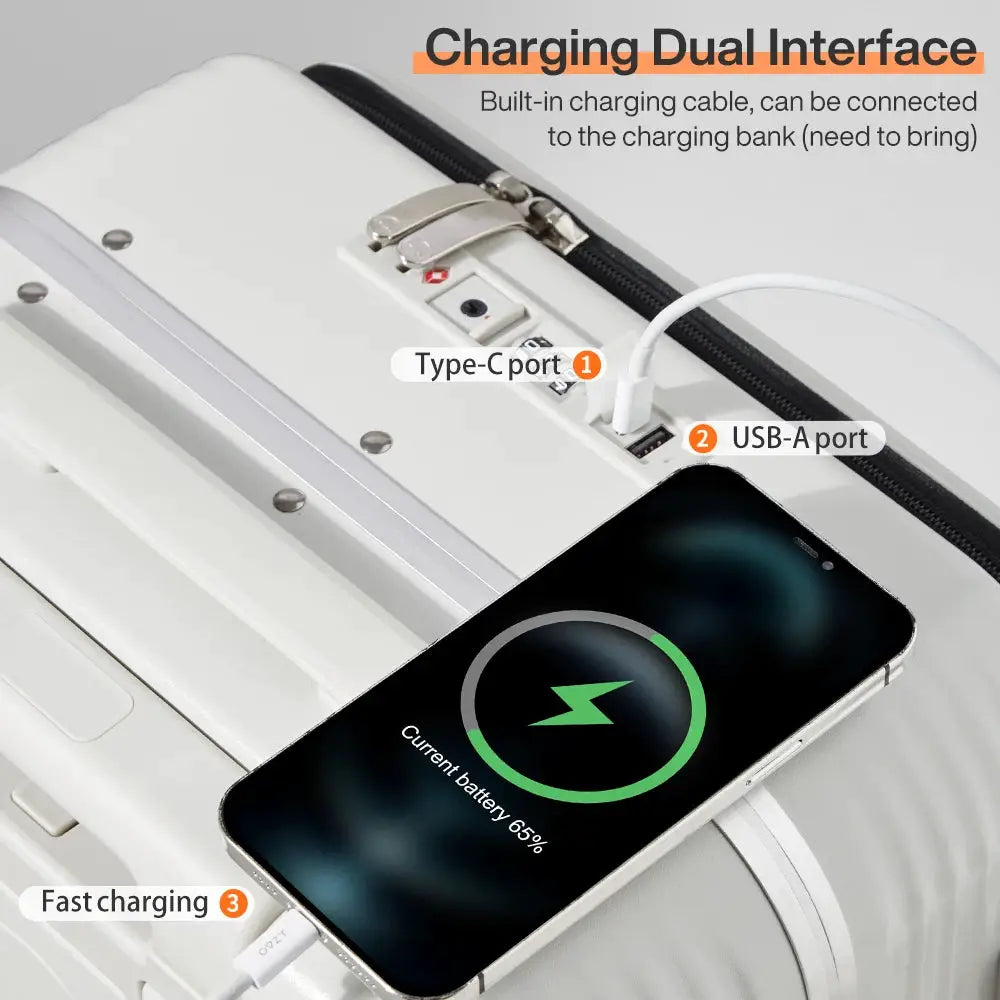Mixi aluminum-frame carry-on suitcase with USB-C/USB-A ports, phone holder, built-in charging