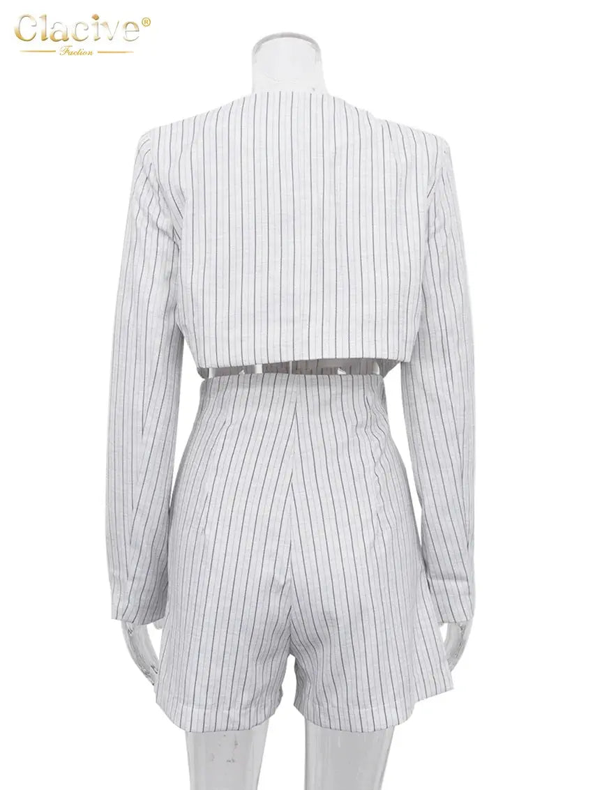 Clacive Stripe Print Slim Two Piece Set Women Top High Waist Shorts