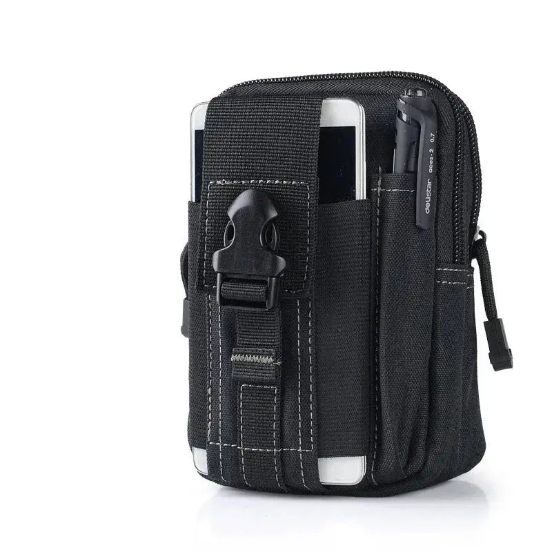 Tactical leg bag by Simples Market with phone pocket, black nylon and buckle strap