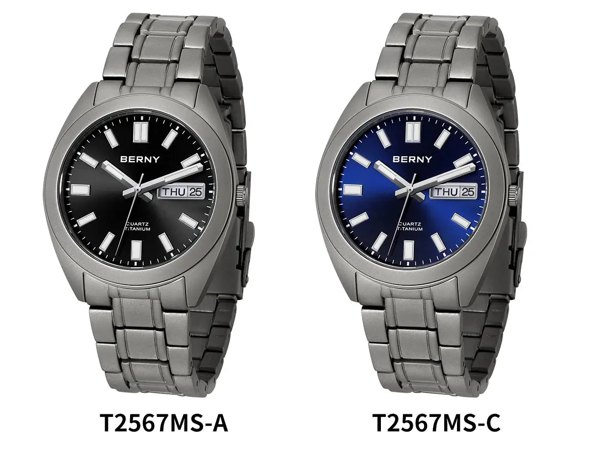 BERNY titanium watches for men; two models T2567MS-A and T2567MS-C with black and blue dials.