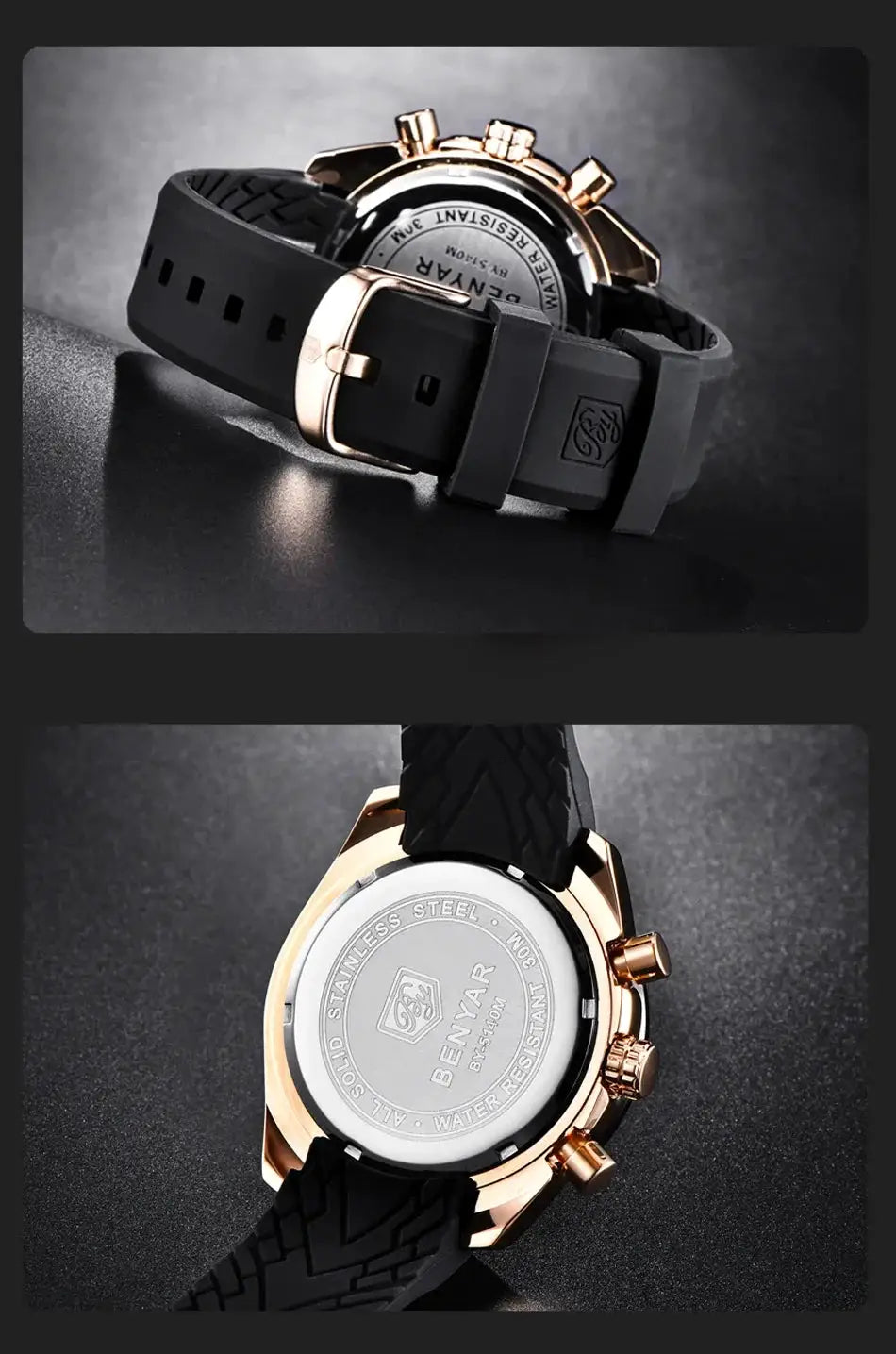 Men's BENYAR full-steel rose-gold watch with black silicone strap, water-resistant quartz