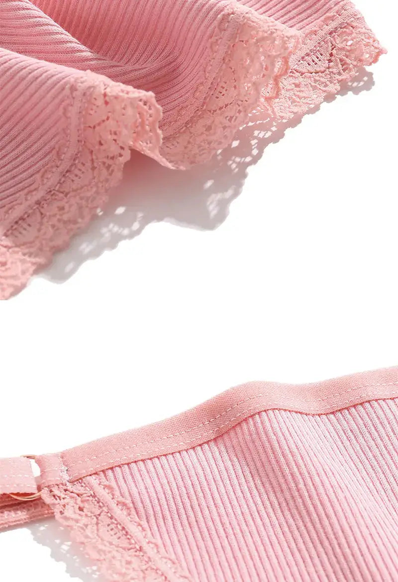 Pink lace-trimmed cotton G-string panties with a ribbed waistband and adjustable waist strap for comfortable fit