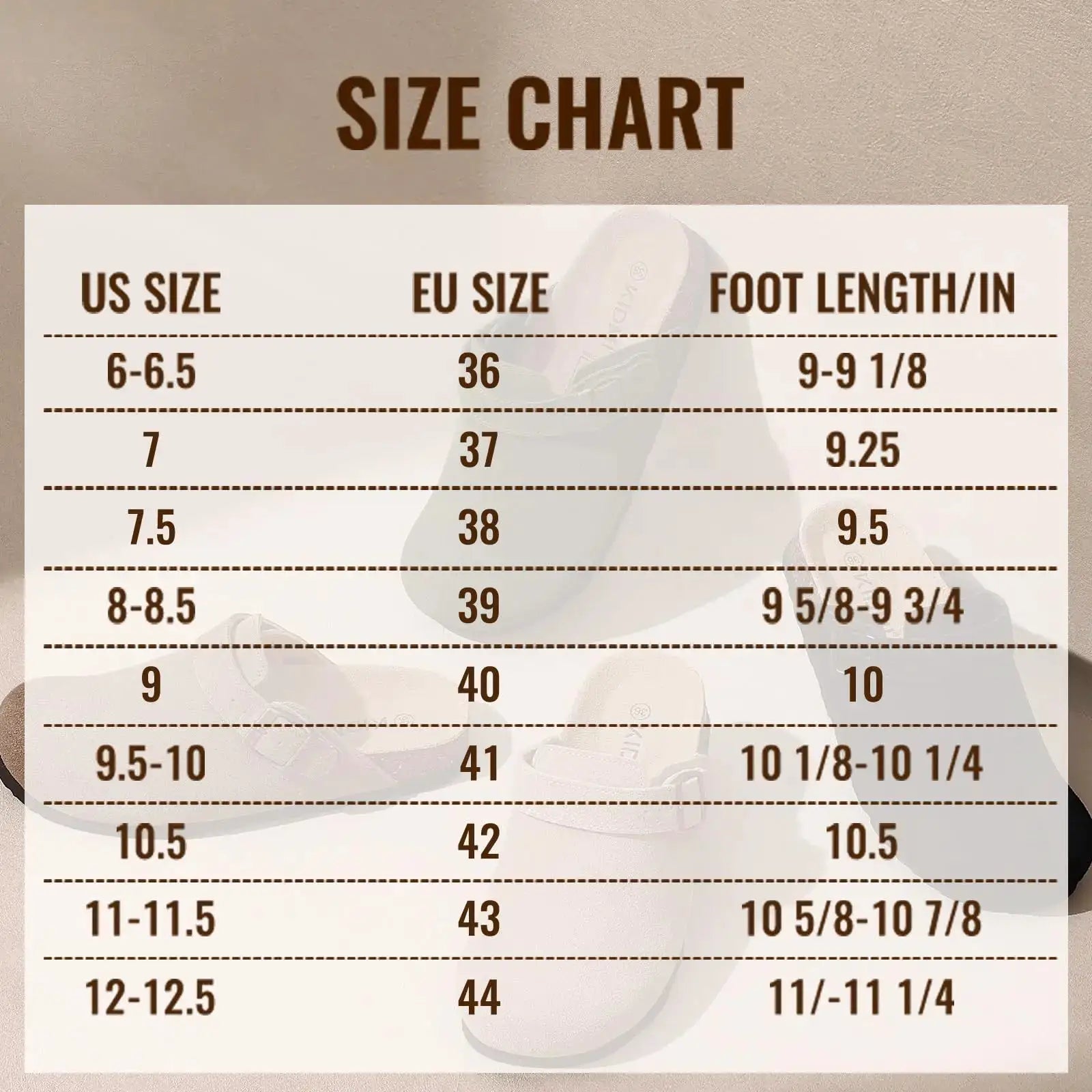 Crestar women's suede clogs with adjustable strap cork footbed; size chart backdrop.