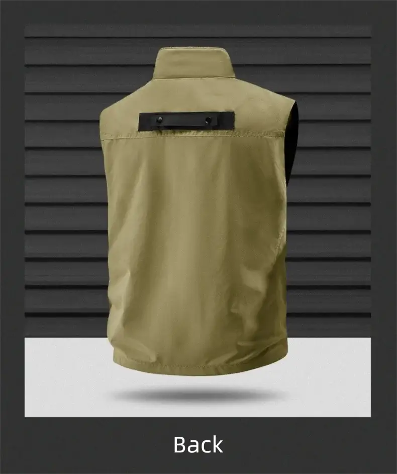 Tan men's outdoor vest back view with vertical collar and small black strap hardware.