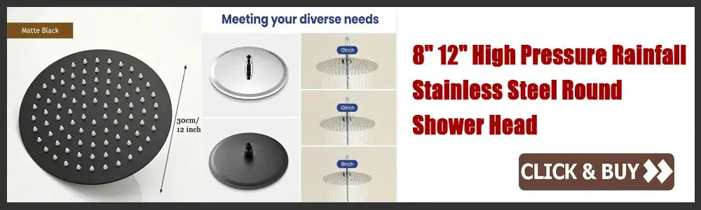 Shower head, round stainless steel high-pressure waterfall, 8–12 inch sizes in matte black and silver finishes