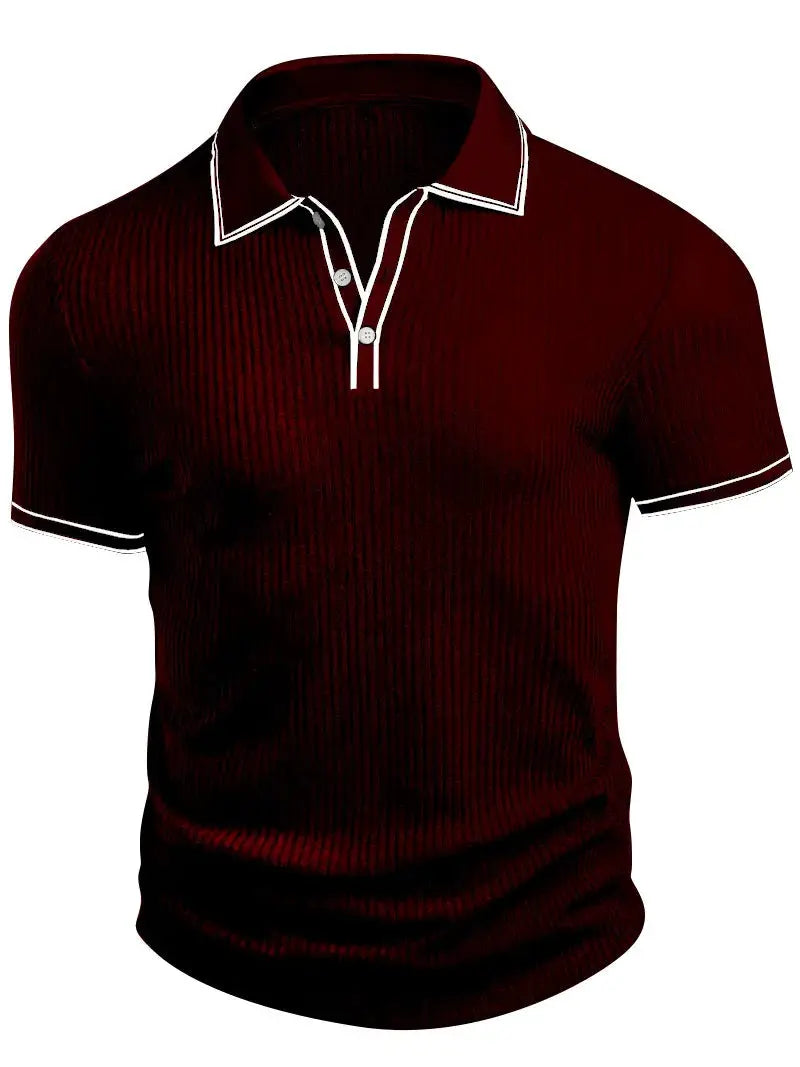Simples Market men's burgundy solid-color short-sleeve polo shirt with white piping at the collar and placket.