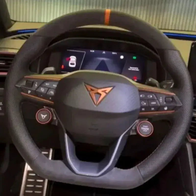 Steering wheel cover braided leather with orange stripe for SEAT Cupra FR Leon MK4/MK3, Simples Market