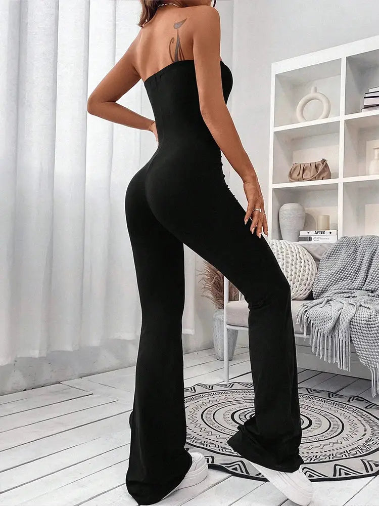 Women’s black strapless jumpsuit with drawstring waist and flared legs