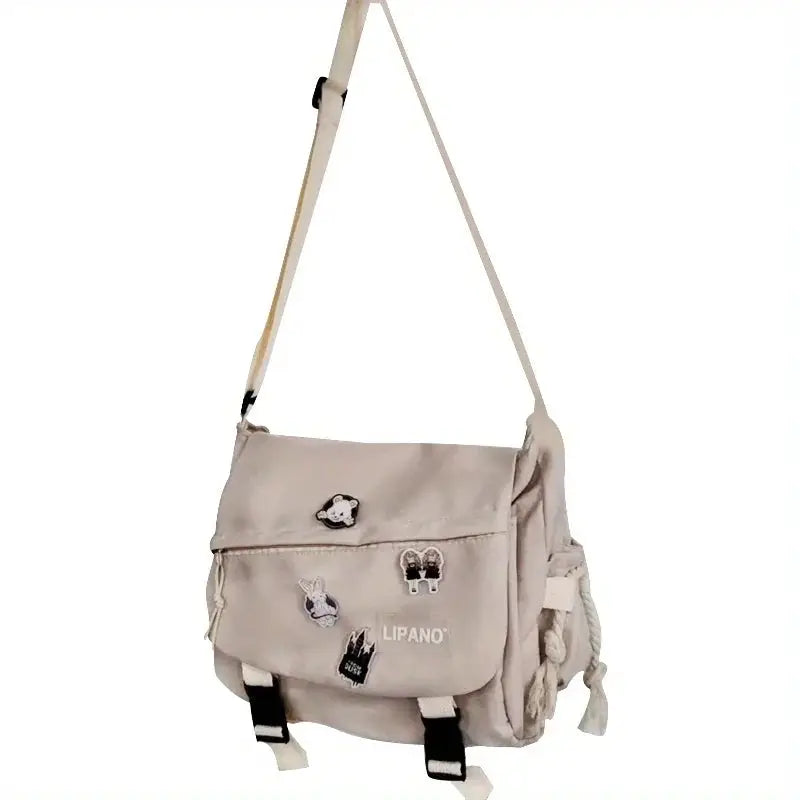 Men's nylon crossbody bag by Simples Market, beige large-capacity messenger bag with patch decals
