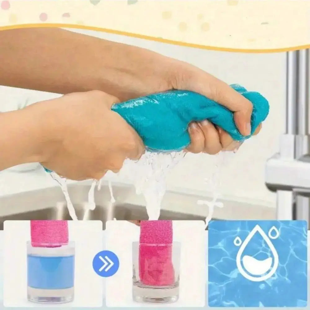 Microfiber cleaning cloth set; multi-color turquoise, blue and pink; quick-drying absorbent for kitchen and bathroom.