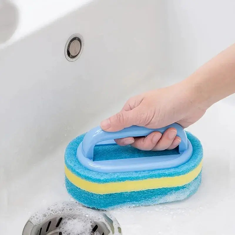 Scrubbing sponge with handle; blue and yellow layered dish scrubber for kitchen and bathroom cleaning