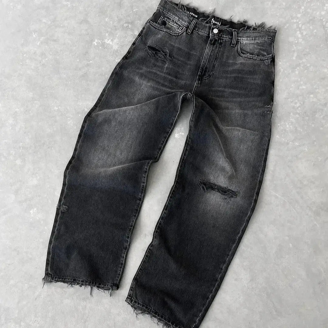 Straight jeans for men by Simples Market, distressed black denim with ripped holes, ankle-length, zip fly